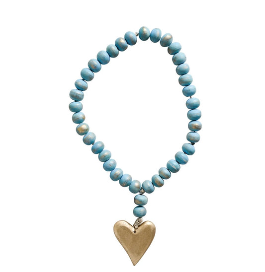 Mango Wood Rosary Teal/Gold Heart